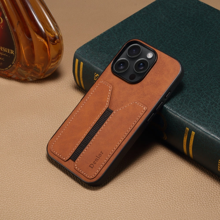 For iPhone 16 Pro Denior D07 DV Elastic Card Slot PU Back Cover Phone Case(Brown)