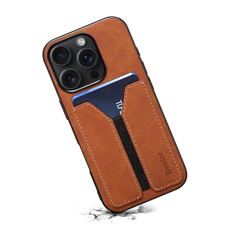 For iPhone 16 Pro Denior D07 DV Elastic Card Slot PU Back Cover Phone Case(Brown)