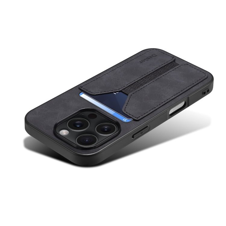 For iPhone 16 Pro Max Denior D07 DV Elastic Card Slot PU Back Cover Phone Case(Black)