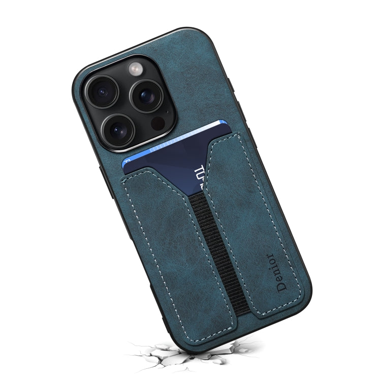 For iPhone 16 Pro Max Denior D07 DV Elastic Card Slot PU Back Cover Phone Case(Blue)