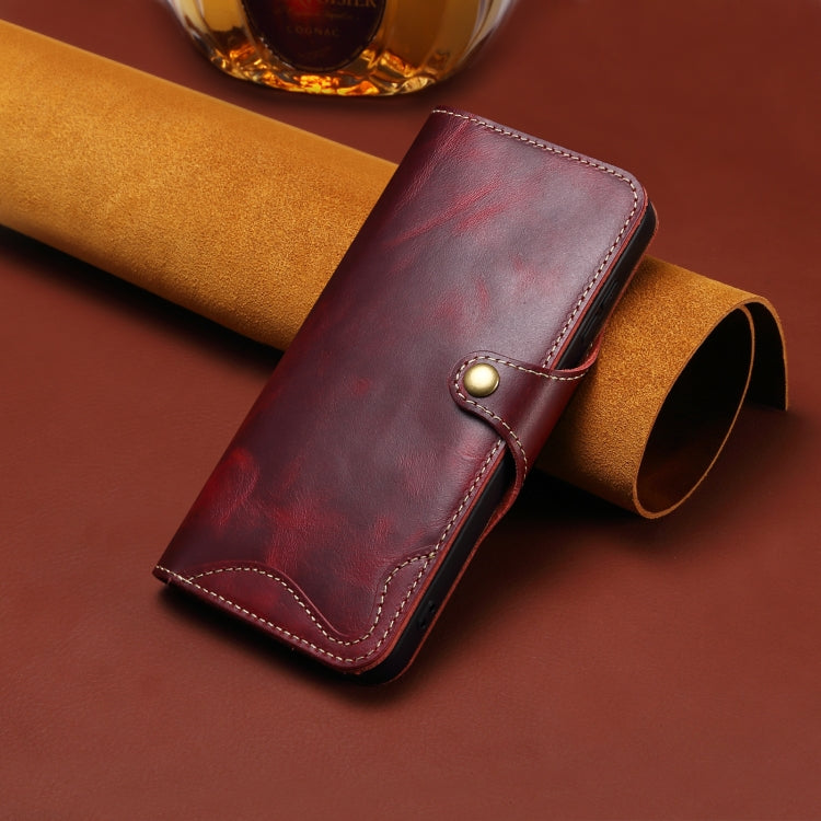 For iPhone 16 Pro Denior B01 Oil Wax Cowhide Magnetic Button Genuine Leather Case(Red)