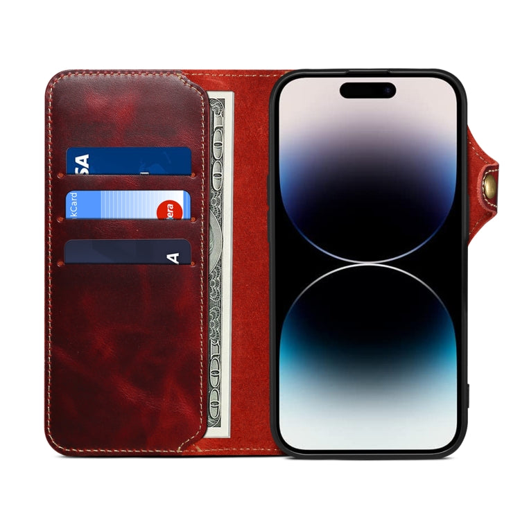 For iPhone 16 Pro Denior B01 Oil Wax Cowhide Magnetic Button Genuine Leather Case(Red)