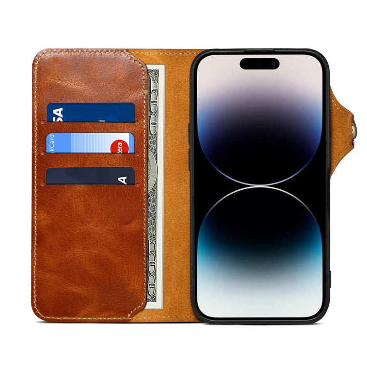 For iPhone 16 Pro Denior B01 Oil Wax Cowhide Magnetic Button Genuine Leather Case(Brown)