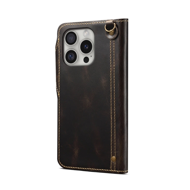 For iPhone 16 Pro Max Denior B01 Oil Wax Cowhide Magnetic Button Genuine Leather Case(Black)