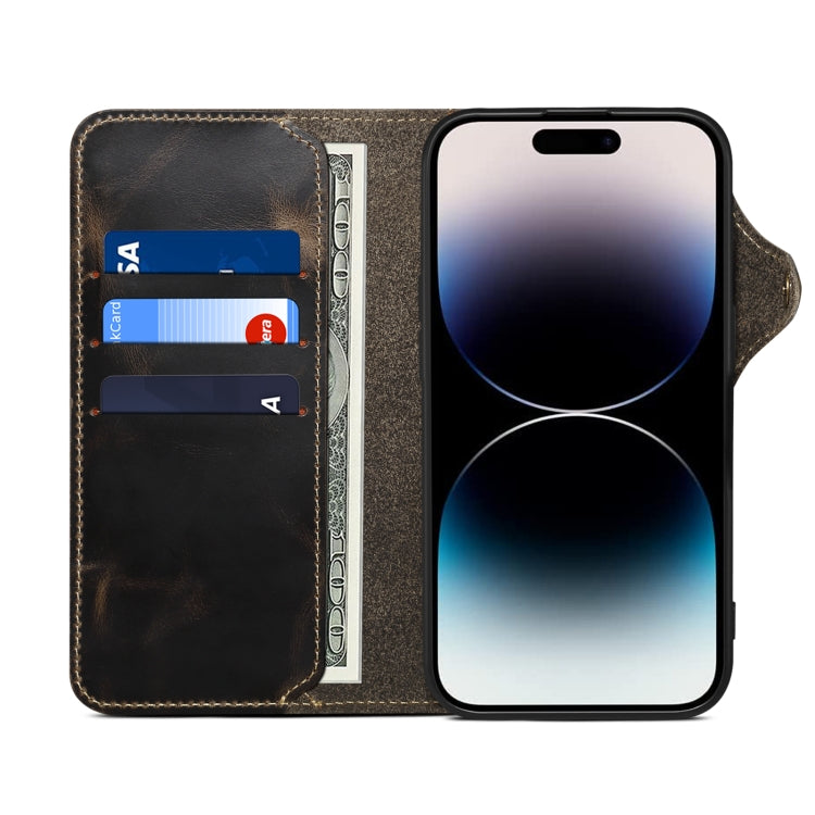 For iPhone 16 Pro Max Denior B01 Oil Wax Cowhide Magnetic Button Genuine Leather Case(Black)