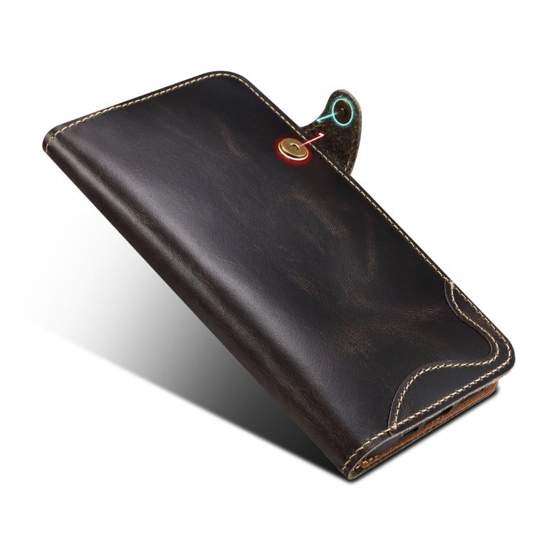For iPhone 16 Pro Max Denior B01 Oil Wax Cowhide Magnetic Button Genuine Leather Case(Black)