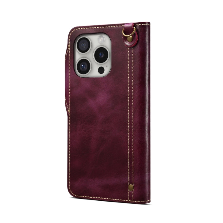 For iPhone 16 Pro Max Denior B01 Oil Wax Cowhide Magnetic Button Genuine Leather Case(Purple)