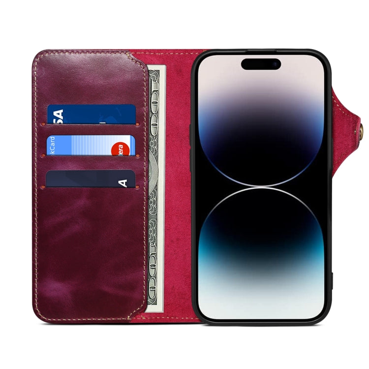 For iPhone 16 Pro Max Denior B01 Oil Wax Cowhide Magnetic Button Genuine Leather Case(Purple)
