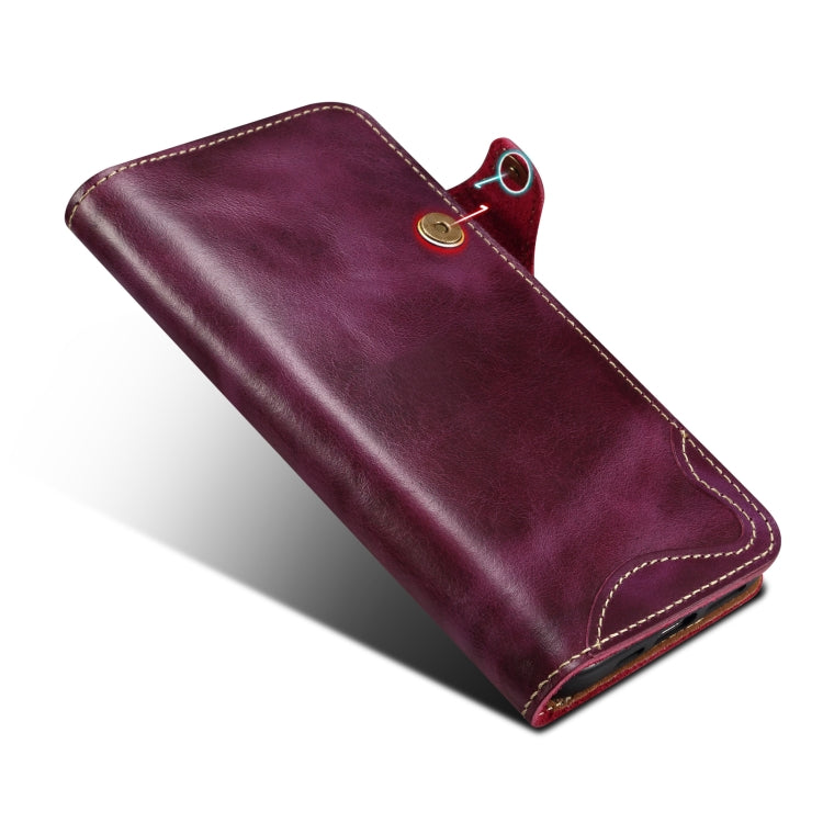 For iPhone 16 Pro Max Denior B01 Oil Wax Cowhide Magnetic Button Genuine Leather Case(Purple)
