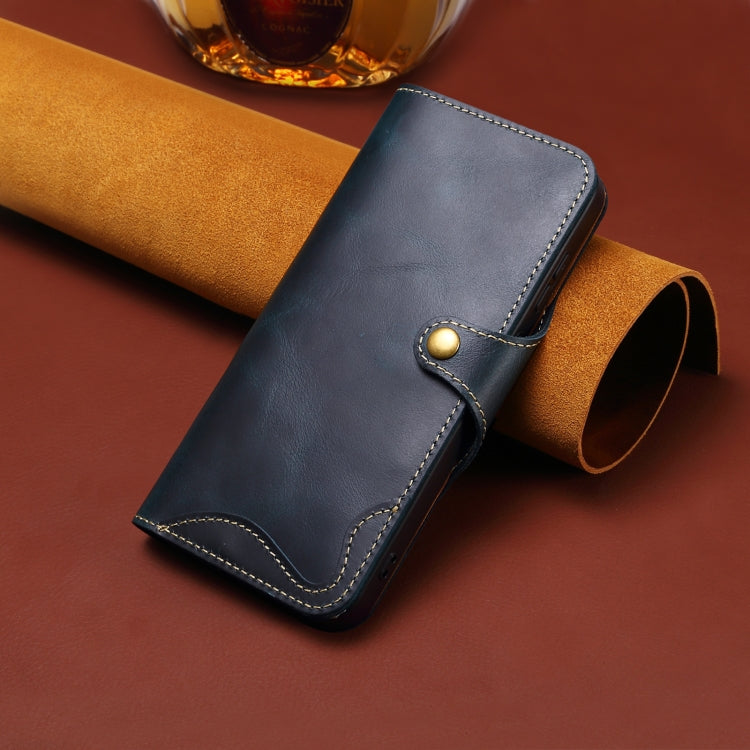 For iPhone 16 Pro Max Denior B01 Oil Wax Cowhide Magnetic Button Genuine Leather Case(Blue)