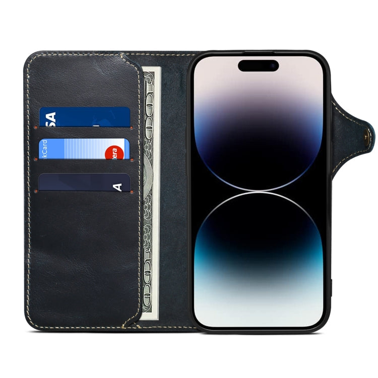 For iPhone 16 Pro Max Denior B01 Oil Wax Cowhide Magnetic Button Genuine Leather Case(Blue)