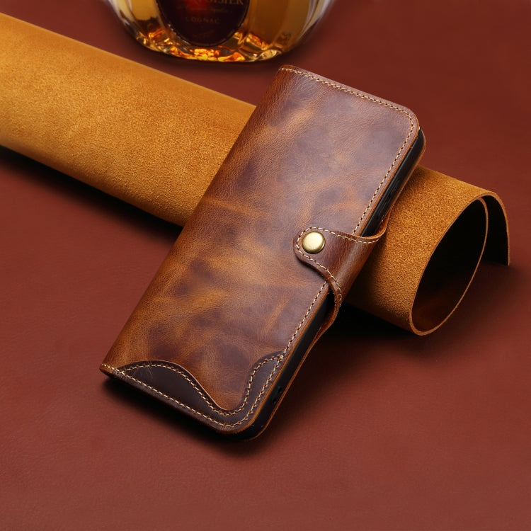 For iPhone 16 Pro Max Denior B01 Oil Wax Cowhide Magnetic Button Genuine Leather Case(Brown)