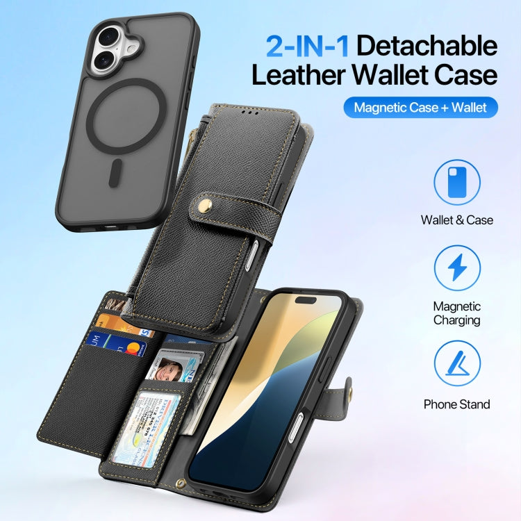 For iPhone 16 Plus DUX DUCIS Lawa Series 2 in 1 Wallet Zipper Detachable MagSafe Phone Case with Lanyard(Black)