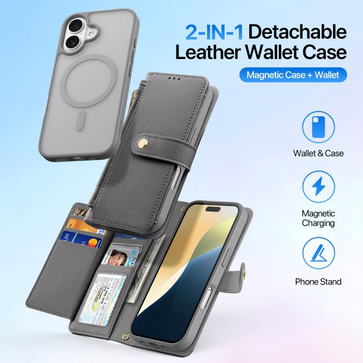 For iPhone 16 Plus DUX DUCIS Lawa Series 2 in 1 Wallet Zipper Detachable MagSafe Phone Case with Lanyard(Grey)