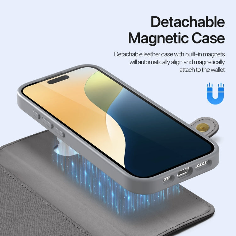 For iPhone 16 Plus DUX DUCIS Lawa Series 2 in 1 Wallet Zipper Detachable MagSafe Phone Case with Lanyard(Grey)