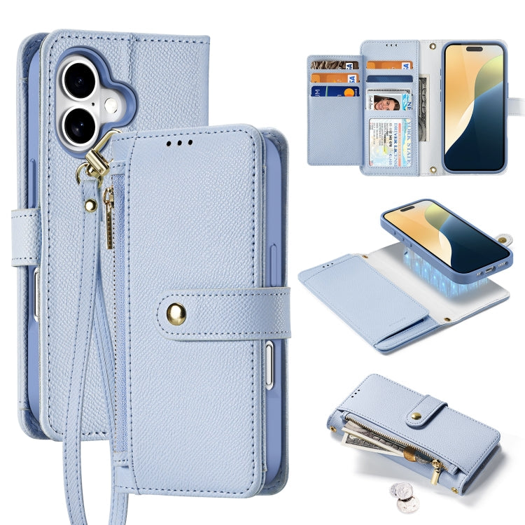 For iPhone 16 Plus DUX DUCIS Lawa Series 2 in 1 Wallet Zipper Detachable MagSafe Phone Case with Lanyard(Light Blue)