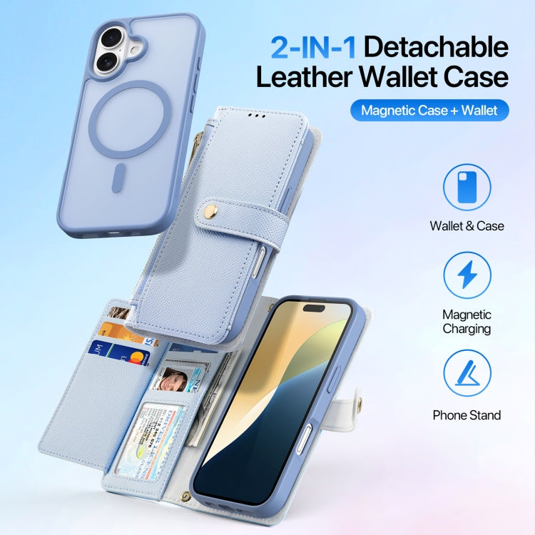 For iPhone 16 Plus DUX DUCIS Lawa Series 2 in 1 Wallet Zipper Detachable MagSafe Phone Case with Lanyard(Light Blue)
