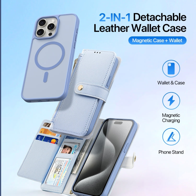 For iPhone 15 Pro Max DUX DUCIS Lawa Series 2 in 1 Wallet Zipper Detachable MagSafe Phone Case with Lanyard(Light Blue)