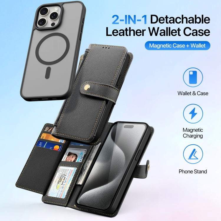 For iPhone 15 Pro DUX DUCIS Lawa Series 2 in 1 Wallet Zipper Detachable MagSafe Phone Case with Lanyard(Black)