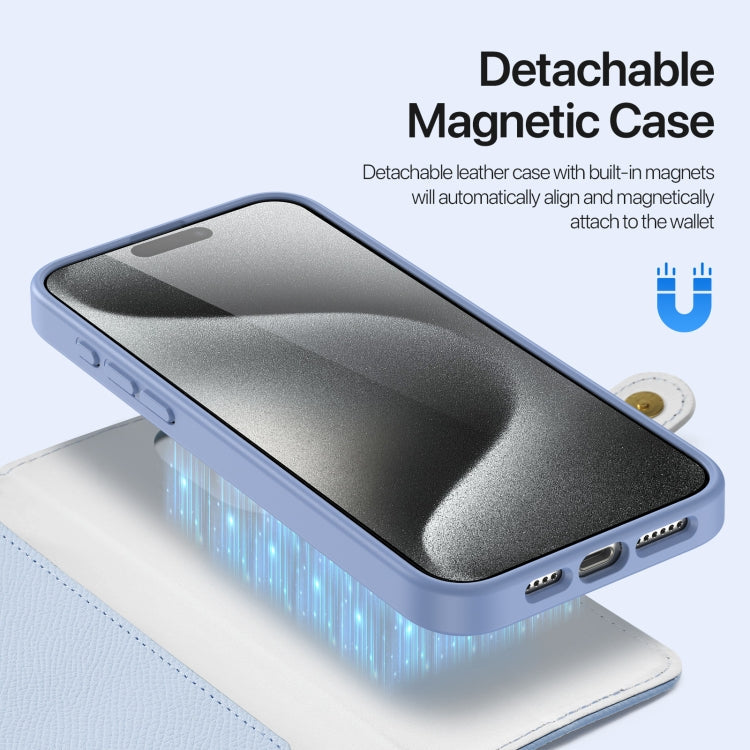 For iPhone 15 Pro DUX DUCIS Lawa Series 2 in 1 Wallet Zipper Detachable MagSafe Phone Case with Lanyard(Light Blue)