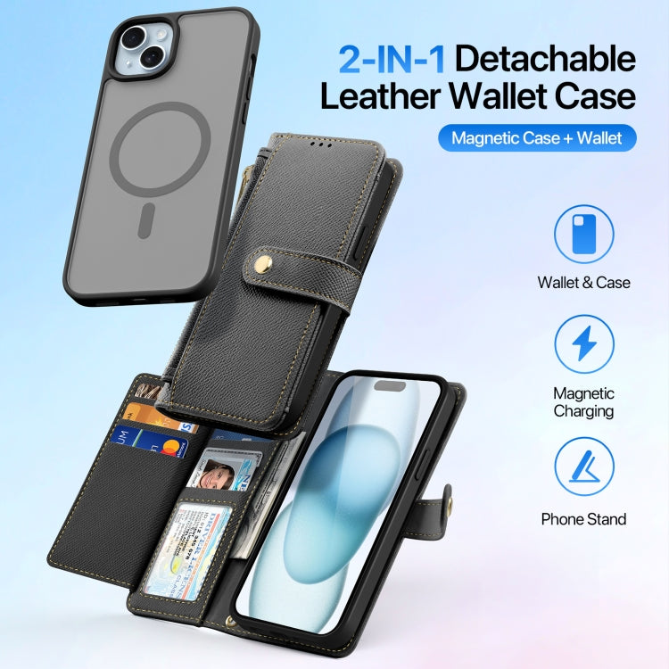 For iPhone 15 Plus DUX DUCIS Lawa Series 2 in 1 Wallet Zipper Detachable MagSafe Phone Case with Lanyard(Black)