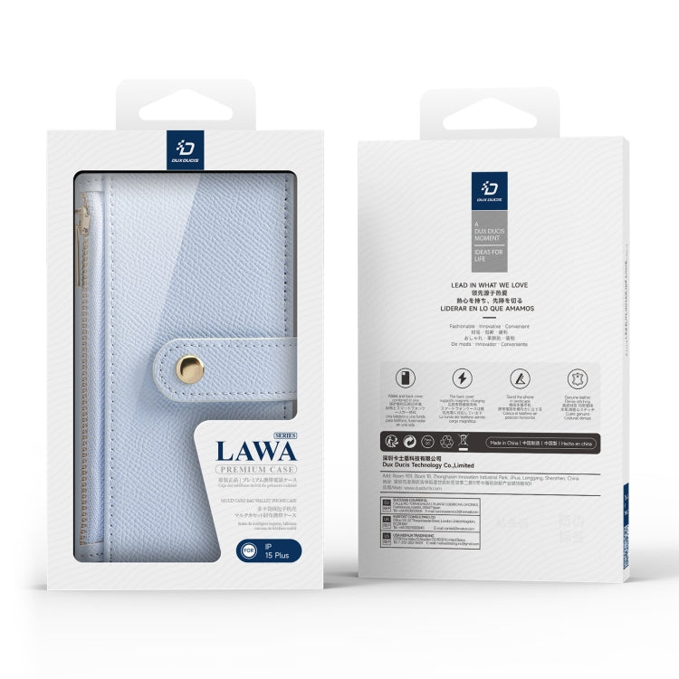 For iPhone 15 Plus DUX DUCIS Lawa Series 2 in 1 Wallet Zipper Detachable MagSafe Phone Case with Lanyard(Light Blue)