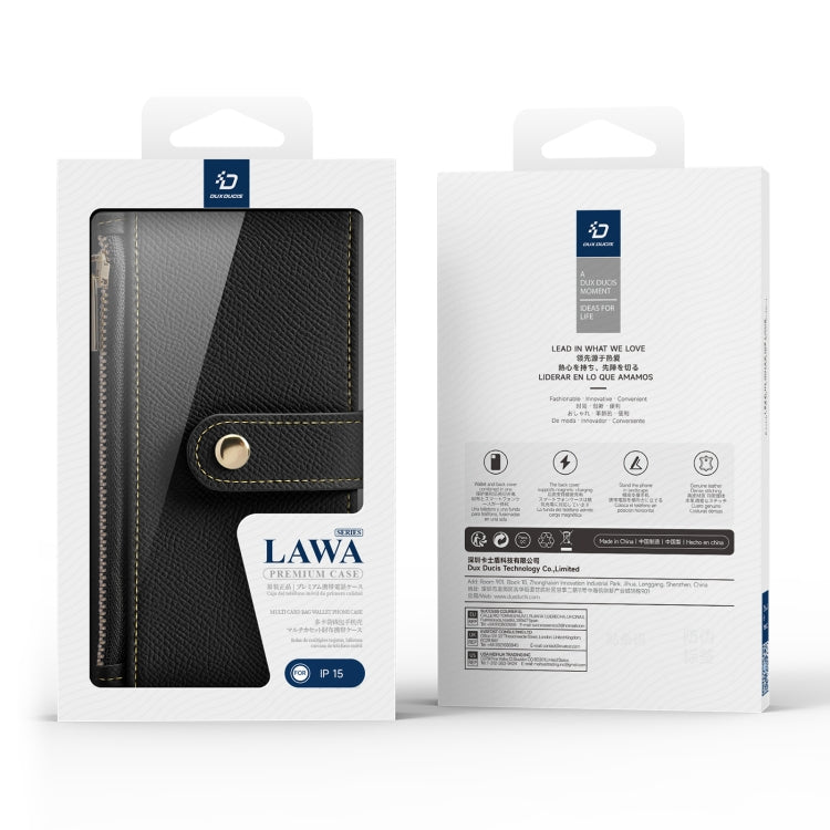 For iPhone 15 DUX DUCIS Lawa Series 2 in 1 Wallet Zipper Detachable MagSafe Phone Case with Lanyard(Black)