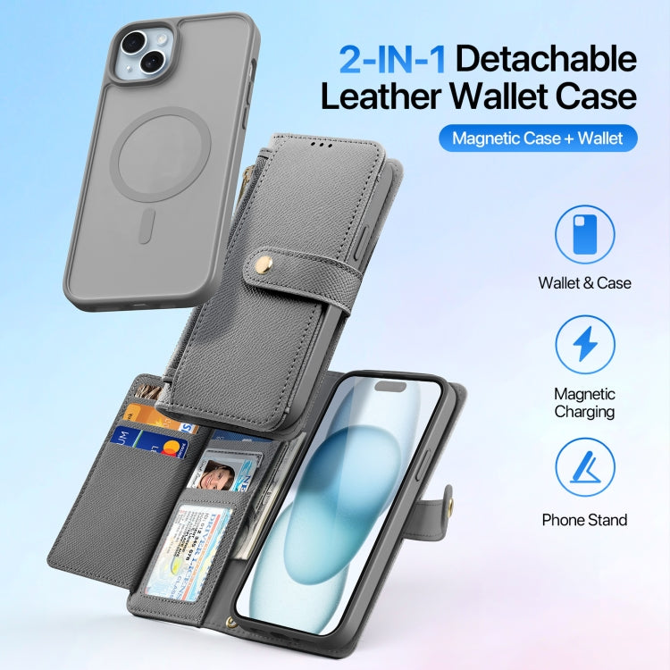For iPhone 15 DUX DUCIS Lawa Series 2 in 1 Wallet Zipper Detachable MagSafe Phone Case with Lanyard(Grey)