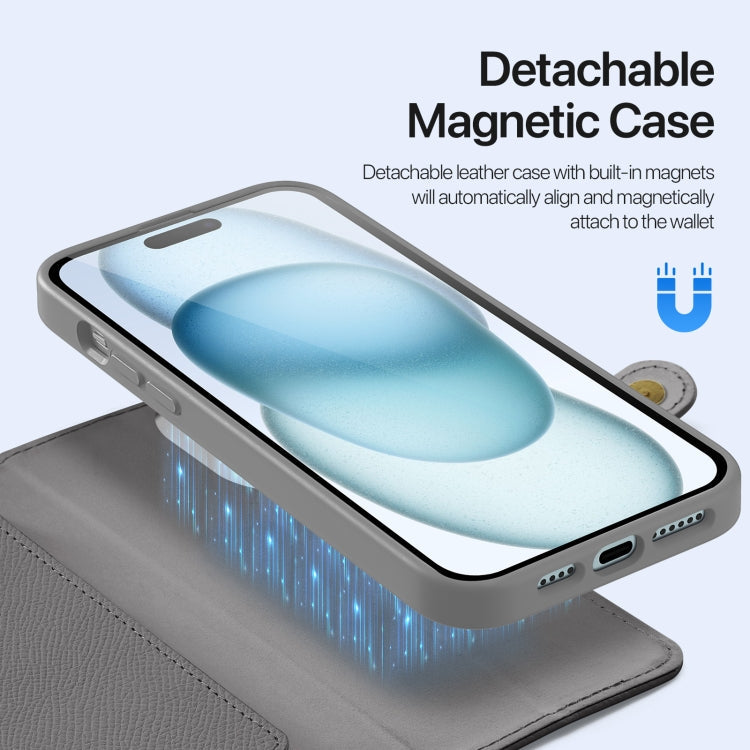 For iPhone 15 DUX DUCIS Lawa Series 2 in 1 Wallet Zipper Detachable MagSafe Phone Case with Lanyard(Grey)