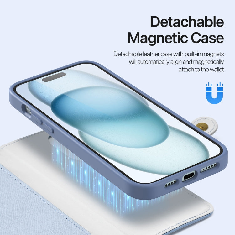 For iPhone 15 DUX DUCIS Lawa Series 2 in 1 Wallet Zipper Detachable MagSafe Phone Case with Lanyard(Light Blue)
