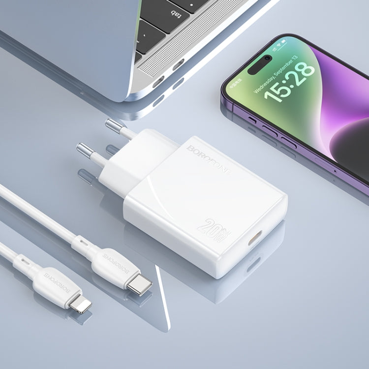 BOROFONE BN23 PD 20W Type-C Charger with 1m Type-C to 8 Pin Cable Set, Plug Type:EU Plug(White)
