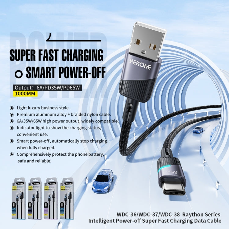 WK WDC-38 Intelligent Power-off 1m PD65W Type-C to Type-C Fast Charging Data Cable(Black)