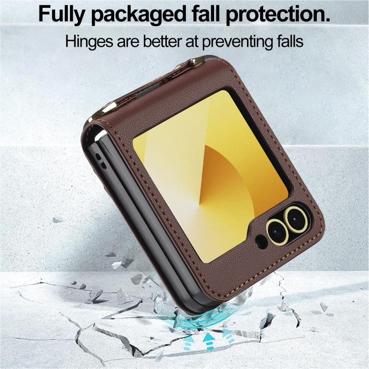 For Samsung Galaxy Z Flip6 LC.IMEEKE L1 Series Frosted Fine Texture PU Phone Case with Lanyard(Brown)