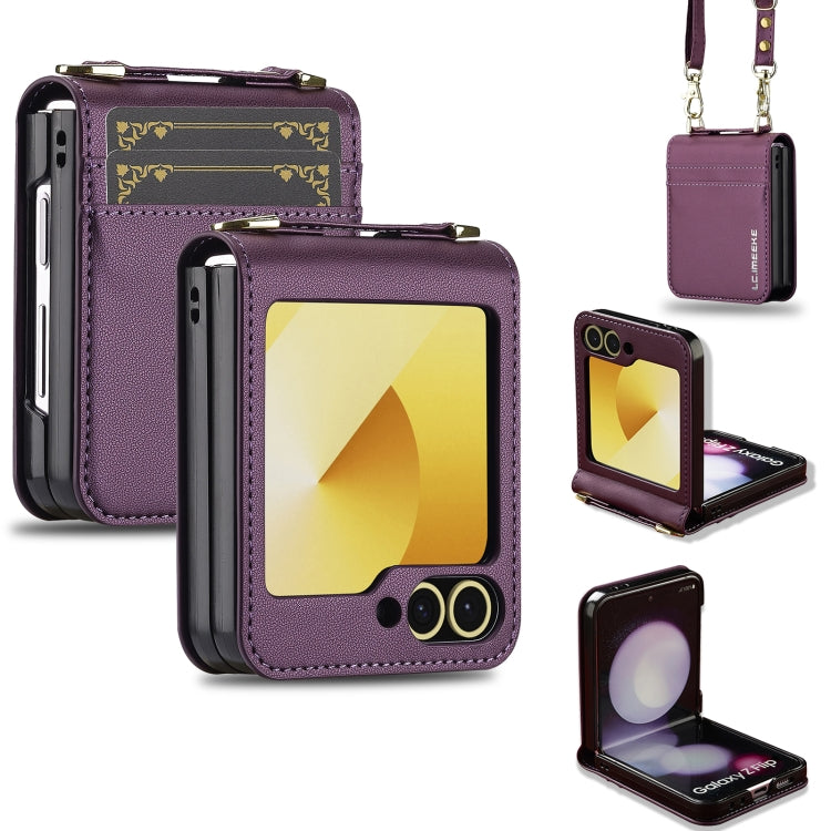 For Samsung Galaxy Z Flip6 LC.IMEEKE L1 Series Frosted Fine Texture PU Phone Case with Lanyard(Purple)