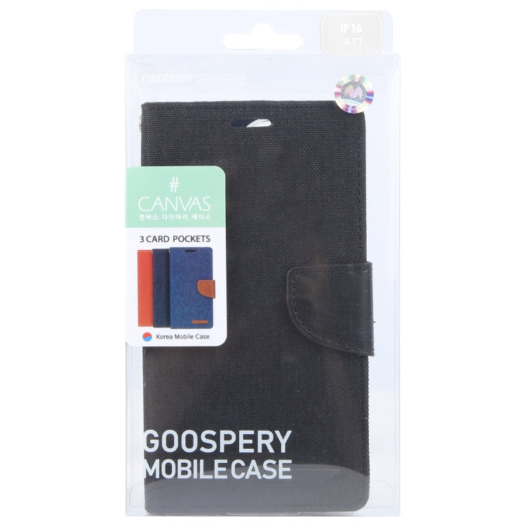 For iPhone 16 Plus GOOSPERY CANVAS DIARY Fabric Texture Flip Leather Phone Case(Black)