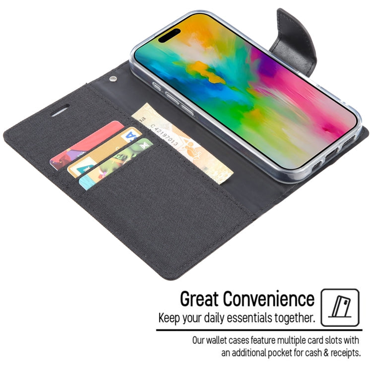 For iPhone 16 Plus GOOSPERY CANVAS DIARY Fabric Texture Flip Leather Phone Case(Black)
