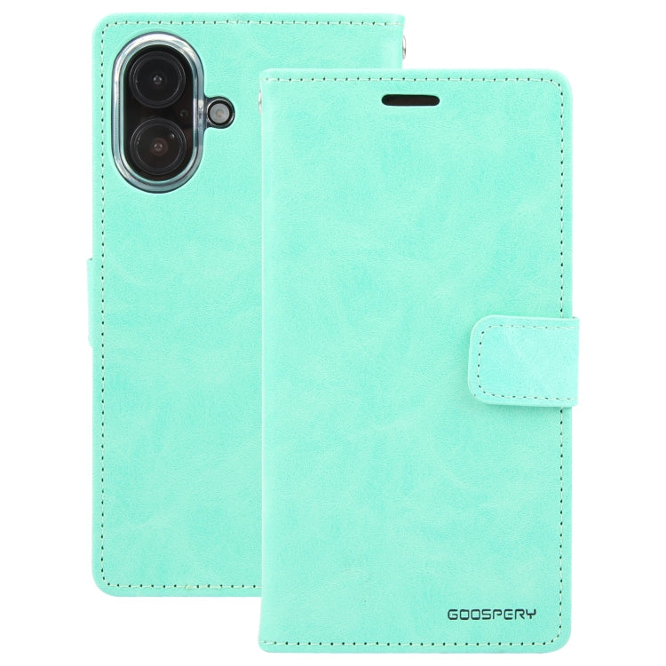 For iPhone 16 Plus GOOSPERY BLUE MOON Crazy Horse Texture Leather Phone Case(Mint Green)