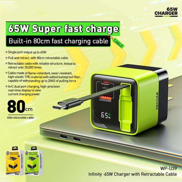 WK WP-U39 65W USB-C / Type-C, USB GaN Fast Charger with 80cm Type-C Cable, Plug Type:US Plug(Yellow)