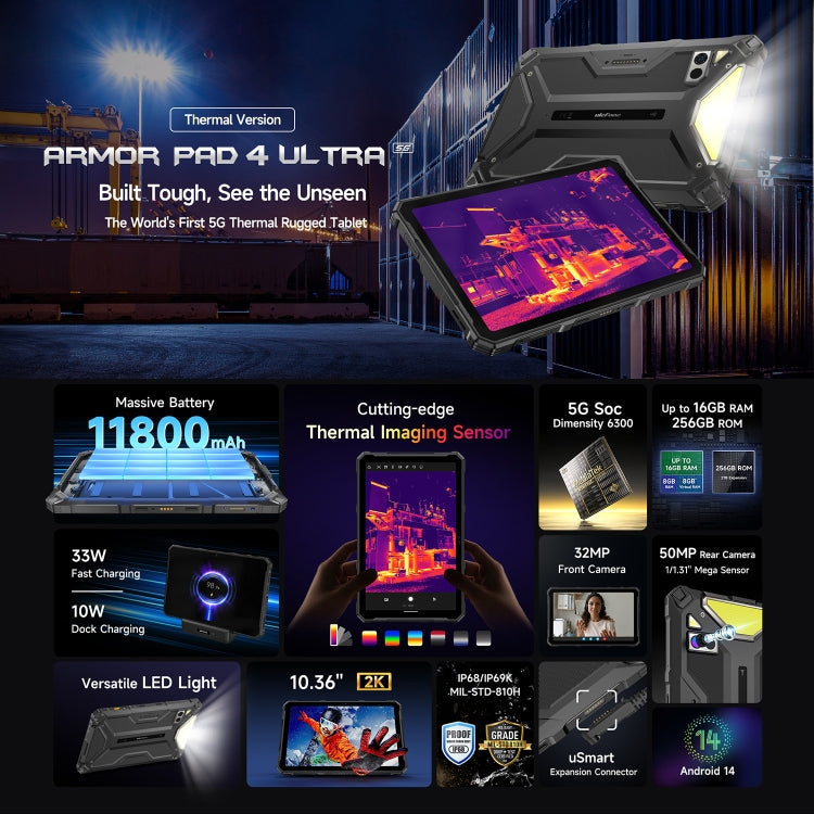 [HK Warehouse] Ulefone Armor Pad 4 Ultra Thermal Version Rugged Tablet, 8GB+256GB, 10.36 inch Android 14 MediaTek Dimensity 6300 Octa Core 5G Network, EU Plug(Black)