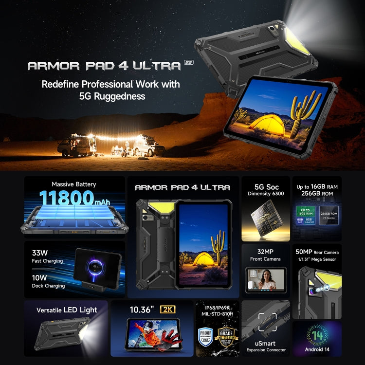 [HK Warehouse] Ulefone Armor Pad 4 Ultra Rugged Tablet PC, 8GB+256GB, 10.36 inch Android 14 MediaTek Dimensity 6300 Octa Core 5G Network, EU Plug(Black)