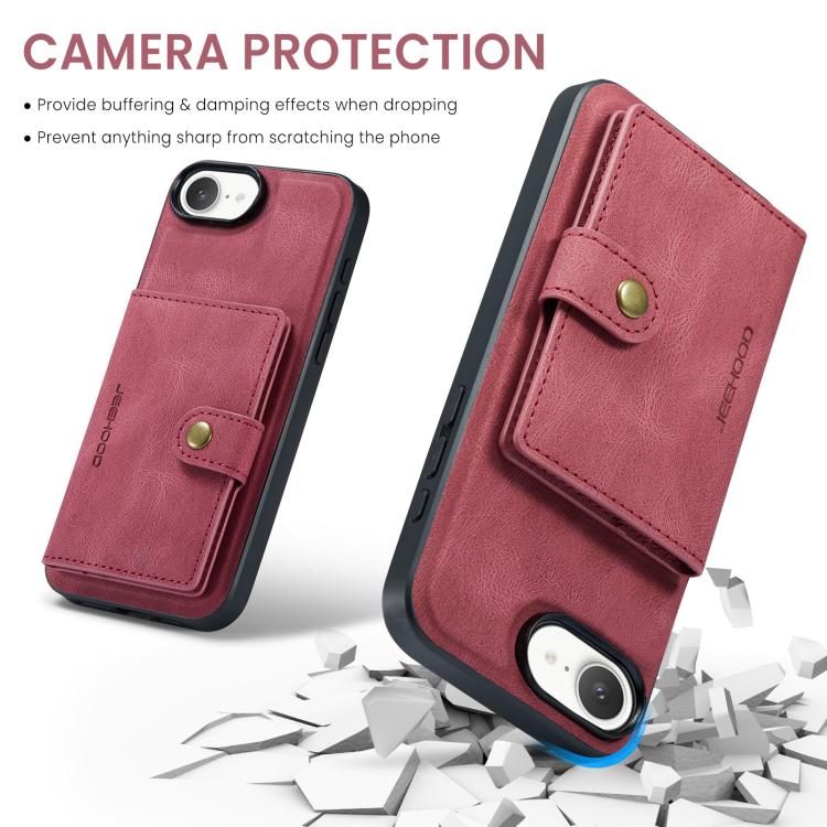 For iPhone 17e / 16e JEEHOOD J01 Retro Magnetic Detachable Wallet Phone Case(Red)