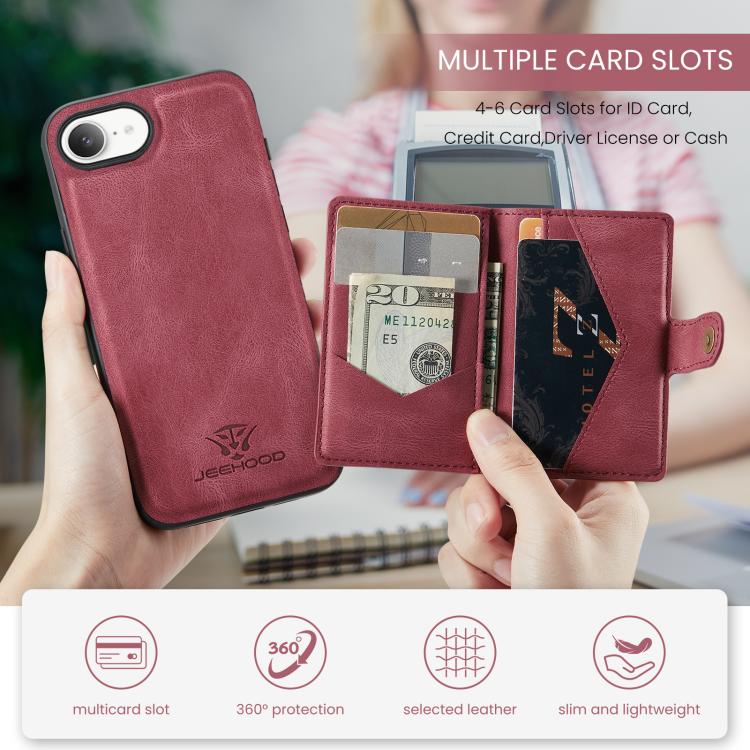 For iPhone 17e / 16e JEEHOOD J01 Retro Magnetic Detachable Wallet Phone Case(Red)
