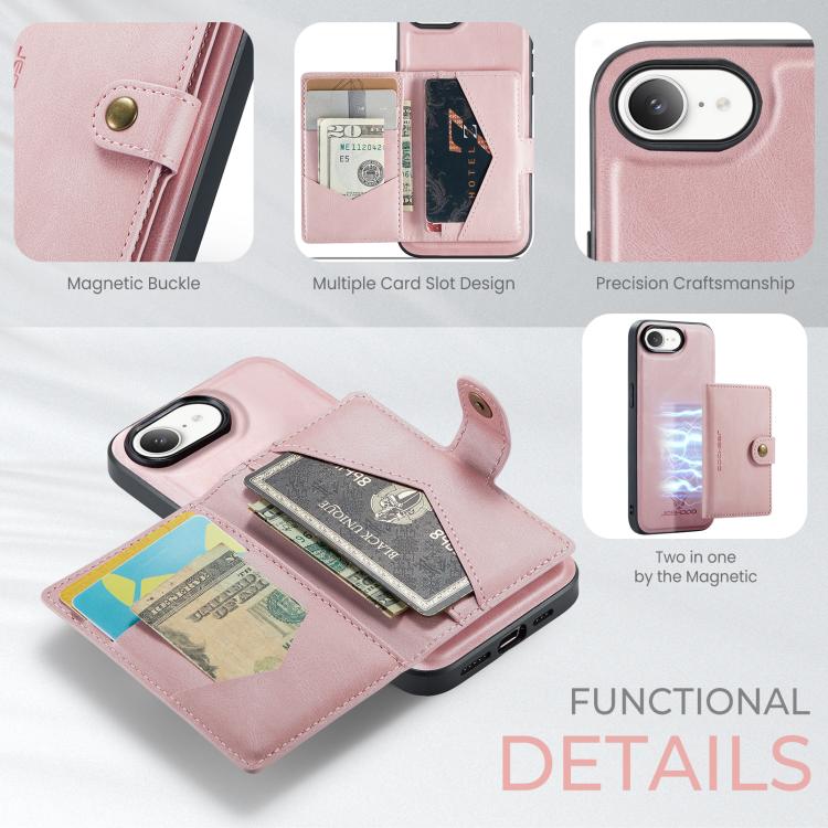 For iPhone 17e / 16e JEEHOOD J01 Retro Magnetic Detachable Wallet Phone Case(Pink)