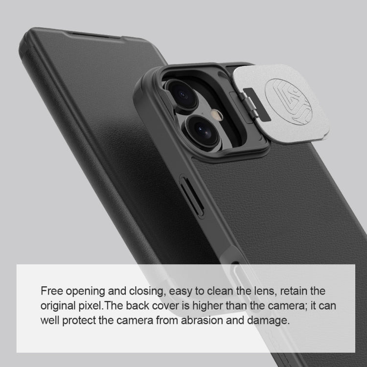 For iPhone 16 NILLKIN Qin Prop Series Flip Camera Cover Design Leather Phone Case(Plain Leather Black)