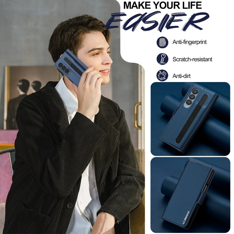 For Samsung Galaxy Z Fold4 LC.IMEEKE L1 Series Frosted Fine Texture PU Phone Case with Pen Slot, Pen Not Included(Blue)