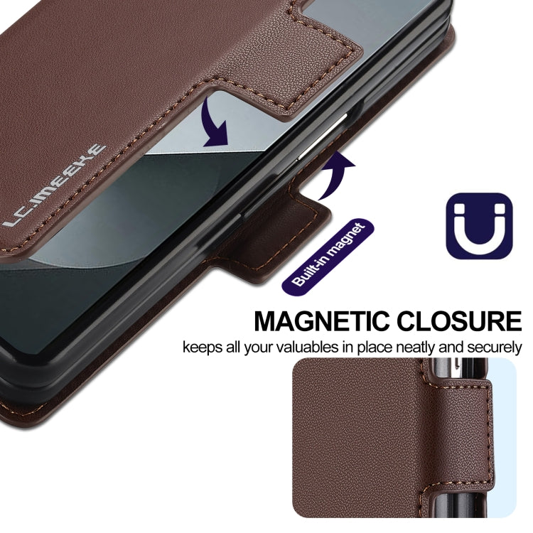 For Samsung Galaxy Z Fold5 LC.IMEEKE L1 Series Frosted Fine Texture PU Phone Case with Pen Slot, Pen Not Included(Brown)
