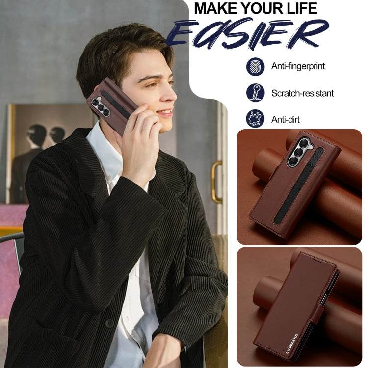 For Samsung Galaxy Z Fold6 LC.IMEEKE L1 Series Frosted Fine Texture PU Phone Case with Pen Slot, Pen Not Included(Brown)