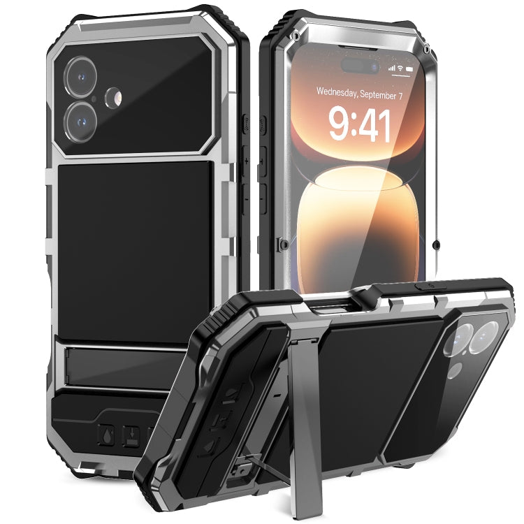 For iPhone 16 Plus R-JUST Life Waterproof Dustproof Shockproof Holder Phone Case(Silver)
