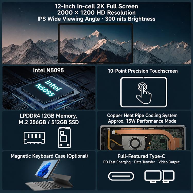 Jumper EZpad V12 Pro Tablet PC, 12GB+512GB, No Keyboard, 12 inch Windows 11 Home OS Intel N5095 Quad Core(US Plug)