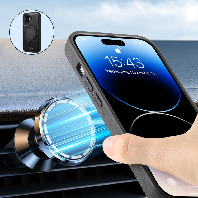 For iPhone 16 Plus Denior A17 Genuine Leather Gear Magnetic Holder Phone Case(Black)